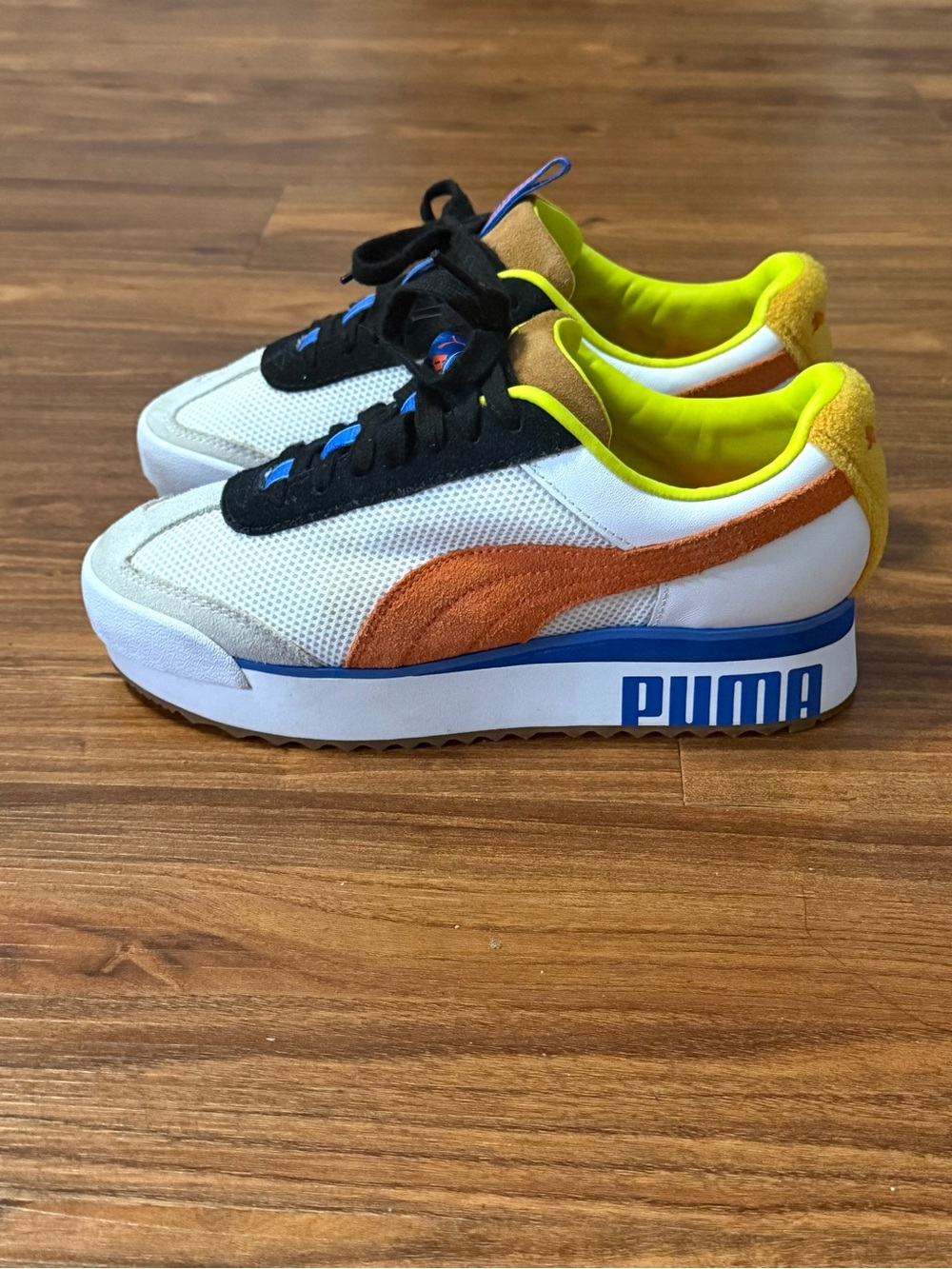 Puma White Mesh Sneaker with Orange Suede Formstrip and Neon Yellow Lining